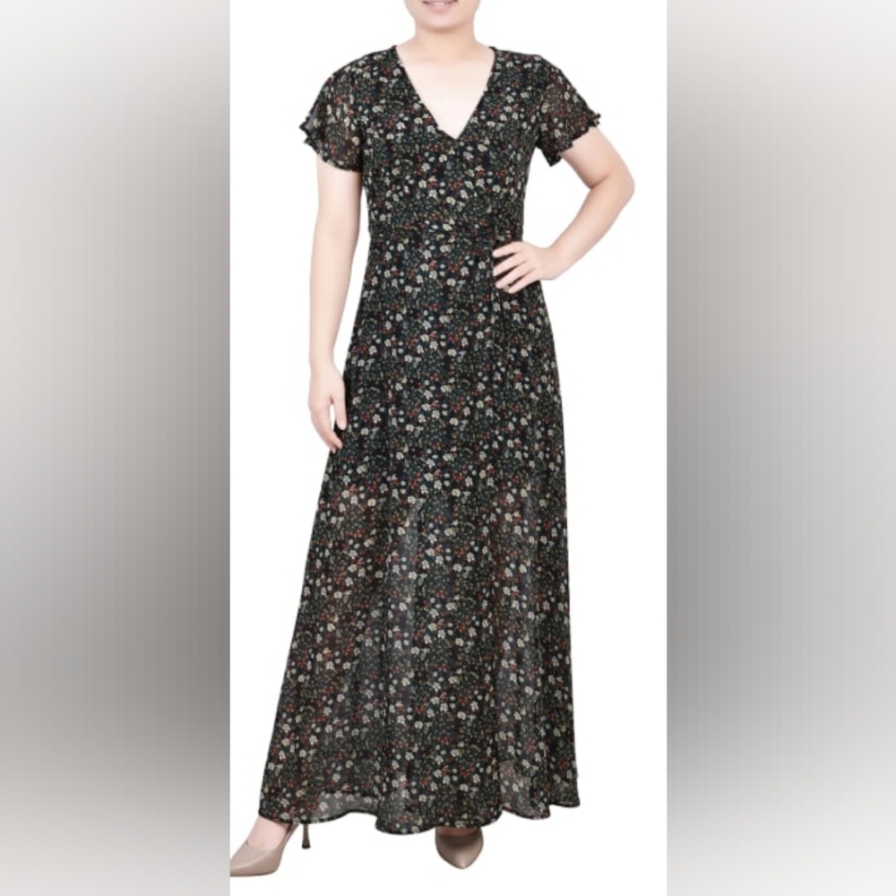 NY Collection Floral Wrap Maxi Dress With Short Sleeves By Calla Collection Blac